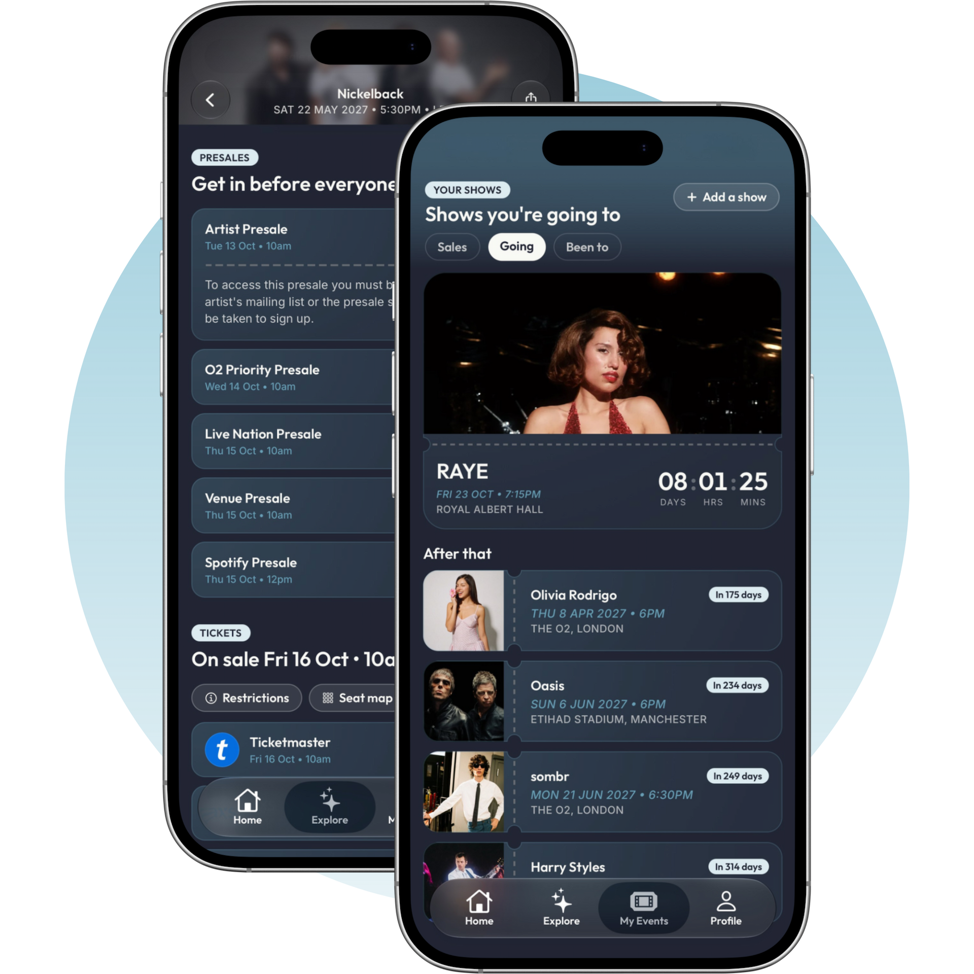The Evnt Central app: every presale time for a show, and a countdown to the shows you're going to